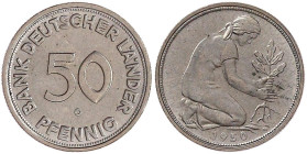 Münzen der Bundesrepublik Deutschland

Kursmünzen

50 Pfennig, Kupfer/Nickel 1949-2001

1950 G, Bank Deutscher Länder. fast Stempelglanz. Jaeger...
