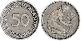 Münzen der Bundesrepublik Deutschland

Kursmünzen

50 Pfennig, Kupfer/Nickel 1949-2001

1950 G, Bank Deutscher Länder. sehr schön. Jaeger 379....