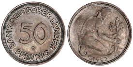 Münzen der Bundesrepublik Deutschland

Kursmünzen

50 Pfennig, Kupfer/Nickel 1949-2001

1950 G, Bank Deutscher Länder. sehr schön, kl. Randfehle...