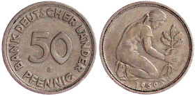 Münzen der Bundesrepublik Deutschland

Kursmünzen

50 Pfennig, Kupfer/Nickel 1949-2001

1950 G, Bank Deutscher Länder. sehr schön. Jaeger 379....