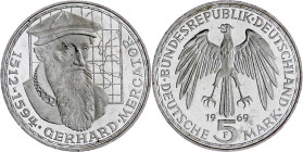 Münzen der Bundesrepublik Deutschland

Gedenkmünzen

5 Deutsche Mark, Silber, 1952-1979

Mercator 1969 F. Mit langem "R". fast Stempelglanz. Jae...