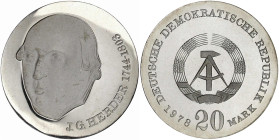 Münzen der Deutschen Demokratischen Republik

Gedenkmünzen der DDR

20 Mark 1978, Herder. Polierte Platte, offen in Kapsel. Jaeger 1570.