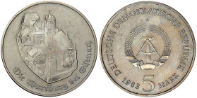 Münzen der Deutschen Demokratischen Republik

Gedenkmünzen der DDR

5 Mark 1983 A, Wartburg bei Eisenach. Randschrift läuft rechts herum. prägefri...
