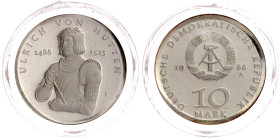 Münzen der Deutschen Demokratischen Republik

Gedenkmünzen der DDR

10 Mark 1988 A, Hutten. Polierte Platte, original verschweißt. Jaeger 1622.
