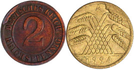 Proben, Verprägungen und Besonderheiten

Weimarer Republik

2 Stück: 10 Rentenpfennig 1924 A und 2 Reichspfennig 1924 F, beide mit starken Stempel...