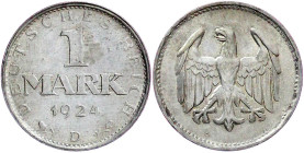 Proben, Verprägungen und Besonderheiten

Weimarer Republik

1 Mark 1924 D, mit stark versetztem Doppelschlag der Rs. (Adler doppelt, nach oben ver...