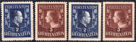 Briefmarken

Ausland

Liechtenstein

2 Fr. - 3 Fr. Fürstenpaar 1951, zwei postfrische Sätze in Zähnung A und B, die B-Zähnung mit Fotobefund Mos...