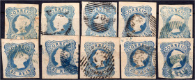 Briefmarken

Ausland

Portugal

25 R. Königin Maria II 1853, insgesamt 10 Exemplare in gestempelter Erhaltung, drei Stück mit kleinen Mängel, so...