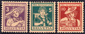 Briefmarken

Ausland

Schweiz

Pro Juventute (Trachten II) 1916, kompletter Satz in postfrischer Luxuserhaltung. Michel 130-132.