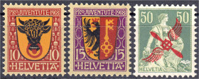 Briefmarken

Ausland

Schweiz

Wappen (Pro Juventute) und 50 Pf. Flugpost 1918/1919, drei Werte in postfrischer Luxuserhaltung. Michel 143-145.