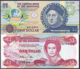 Banknoten

Ausland

Bahamas

1 u. 3 Dollar L. 1974 (1984-1992). I. Pick 44a, 50.
