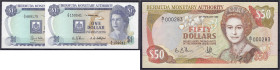 Banknoten

Ausland

Bermuda

2x 1 u. 50 Dollars 1986 - 1989. 50 Dollars niedrige KN. I. Pick 28c, 28d, 38.
