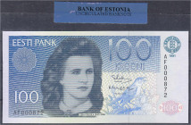 Banknoten

Ausland

Estland

Eesti Bank, 100 Kronen 1991. In original Folie der Eesti Bank, niedrige KN. I. Pick 74a.