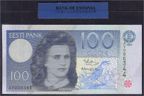 Banknoten

Ausland

Estland

Eesti Bank, 100 Kronen 1994. In original Folie der Eesti Bank, niedrige KN. I. Pick 79a.