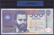 Banknoten

Ausland

Estland

Eesti Bank, 500 Kronen 1996. In original Folie der Eesti Bank. I. Pick 81a.