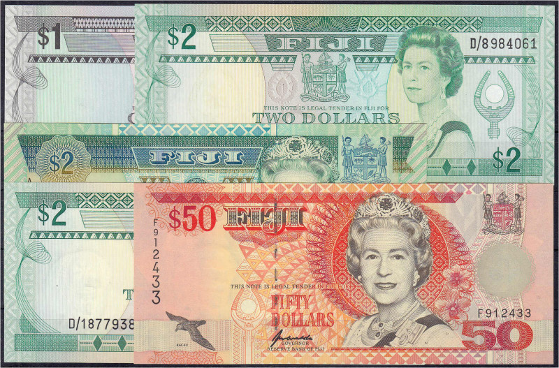 Banknoten

Ausland

Fidschi

5 Scheine zu 1, 3x 2 u. 50 Dollars o.D. (1987...