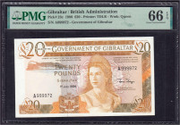 Banknoten

Ausland

Gibraltar

20 Pounds 1.7.1986. PMG Grading 66 Gem Uncirculated EPQ. Pick 23c.
