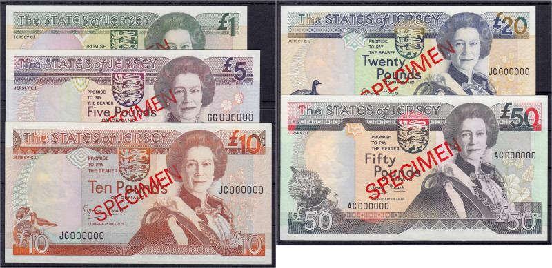 Banknoten

Ausland

Jersey

5 Scheine zu 1, 5, 10, 20 u. 50 Pounds o.D. (2...