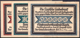 Banknoten

Deutsches Notgeld und KGL

Oerlinghausen

Lippische Landesbank, 50, 100 und 500 Tsd. Mark 12.8.1923 2x I u. 1x III. Keller 4114.