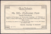 Banknoten

Deutsches Notgeld und KGL

Offenburg (Baden)

Oberrheinische Dampfsäge- u. Hobelwerke, 500 Mark o.D. Gültig bis 30.11.1922. II. Kelle...