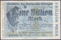 Banknoten

Deutsches Notgeld und KGL

Opladen (Württemberg)

Kreisausschuss des Landkreises Solingen, 1 Bio. Mark 1.11.1923. Reihe B. III-, Einr...