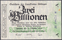 Banknoten

Deutsches Notgeld und KGL

Opladen (Württemberg)

Kreisausschuss des Landkreises Solingen, 2 Bio. Mark 31.10.1923. I-, Fleck. Dießner...