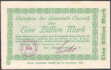 Banknoten

Deutsches Notgeld und KGL

Overath (Rheinland)

Gemeinde, 1 Bio. Mark 22.9.1923. Wz. Achteckfluss. I- Dießner. 565.1.