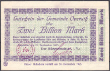 Banknoten

Deutsches Notgeld und KGL

Overath (Rheinland)

Gemeinde, 2 Bio. Mark 22.9.1923. Wz. Achteckfluss. I. Dießner. 565.2.