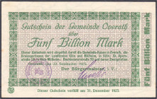 Banknoten

Deutsches Notgeld und KGL

Overath (Rheinland)

Gemeinde, 5 Bio. Mark 22.9.1923. Wz. Achteckfluss. I. Dießner. 565.3.