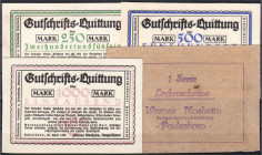 Banknoten

Deutsches Notgeld und KGL

Paderborn (Westfalen)

Werner Mosheim, 250, 500 und 1000 Mark Glace-Leder 25.4.1923. Mit original Versandt...