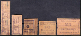Banknoten

Deutsches Notgeld und KGL

Passau (Bayern)

Gasthaus „zum Dreiflusseck“, 2x 1, 5, 10 u. 25 Bier-Pfennig o.D. (1946/1947). Dünnes Sper...
