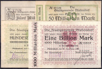 Banknoten

Deutsches Notgeld und KGL

Pfullendorf (Baden)

Stadt, 4 Scheine zu 5, 50, 100 Mrd. Mark und 1 Bio. Mark 1923. III. Keller 430.
