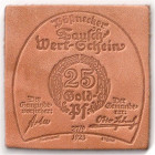 Banknoten

Deutsches Notgeld und KGL

Pößneck (Thüringen)

25 Goldpfennig Schuhsohlenleder 27.9.1923. Blindprägung. I-II, selten. Grabowski. 458...