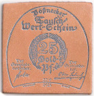 Banknoten

Deutsches Notgeld und KGL

Pößneck (Thüringen)

25 Goldpfennig Schuhsohlenleder 27.9.1923. Prägung in Silber. I-II, selten. Grabowski...