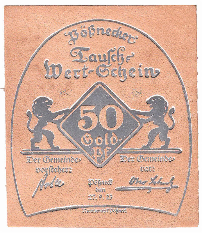Banknoten

Deutsches Notgeld und KGL

Pößneck (Thüringen)

50 Goldpfennig ...