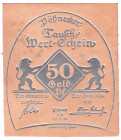 Banknoten

Deutsches Notgeld und KGL

Pößneck (Thüringen)

50 Goldpfennig Schuhsohlenleder 27.9.1923. Prägung in Silber. I-II, selten. Grabowski...