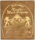 Banknoten

Deutsches Notgeld und KGL

Pößneck (Thüringen)

50 Goldpfennig Schuhsohlenleder 27.9.1923. Prägung in Gold. I-II, selten. Grabowski. ...