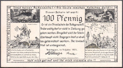 Banknoten

Deutsches Notgeld und KGL

Rheinhausen (Rheinland)

Kollegenschaft 100 Pfg., mit Gelbdruck 1921. I, selten. Lindman 1088.2.