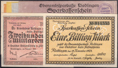Banknoten

Deutsches Notgeld und KGL

Riedlingen (Württemberg)

Oberamtssparkasse u. Gewerbebank, 6 Scheine zu 500 Tsd., 1, 2, 3 Mio., 250 Mrd. ...