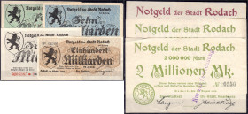 Banknoten

Deutsches Notgeld und KGL

Rodach, bei Coburg

Stadt, 7 Scheine zu 500 Tsd., 2x 2 Mio., 5, 10, 20 u. 100 Mrd. Mark 1923. III. Keller ...
