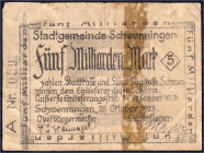 Banknoten

Deutsches Notgeld und KGL

Schwenningen (Württemberg)

Stadtgemeinde, 5 Mrd. Mark 25.10.1923. IV, eingeschnitten. Keller 5101.