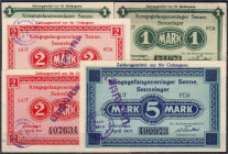 Banknoten

Deutsches Notgeld und KGL

Senne (Westfalen)

Kriegsgefangenenlager, 5 Scheine zu 2x 1, 2x 2 u. 5 Mark 1.4.1917. I-II. Tieste 05. 26,...