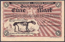 Banknoten

Deutsches Notgeld und KGL

Sundwig (Westfalen)

H. Meise, Heinrichshöhle (Höhlenbärskelett), 1 Mark o.D. Wz. verschlungene Kreise. I-...