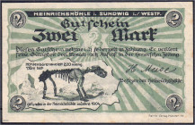 Banknoten

Deutsches Notgeld und KGL

Sundwig (Westfalen)

H. Meise, Heinrichshöhle (Höhlenbärskelett), 2 Mark o.D. Wz. verschlungene Kreise. I-...
