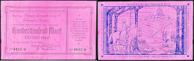 Banknoten

Deutsches Notgeld und KGL

Teningen (Baden)

Breisgau-Walzwerk G.m.b.H., 100 Tsd. Mark Aluminium 20.8.1923, mit KN. II-III, selten. G...
