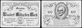 Banknoten

Deutsches Notgeld und KGL

Teningen (Baden)

Gemeinde, 100 Mrd. Mark Aluminium 1.11.1923. Textdruck beidseitig schwarz, mit blauer KN...