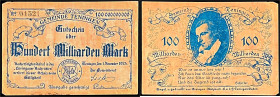 Banknoten

Deutsches Notgeld und KGL

Teningen (Baden)

Gemeinde, 100 Mrd. Mark Aluminiumfolie goldfarben 1.11.1923. Textdruck beidseitig dunkel...