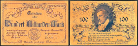 Banknoten

Deutsches Notgeld und KGL

Teningen (Baden)

Gemeinde, 100 Mrd. Mark Aluminiumfolie goldfarben 1.11.1923. Textdruck beidseitig dunkel...