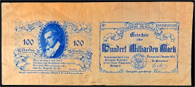 Banknoten

Deutsches Notgeld und KGL

Teningen (Baden)

Gemeinde, 100 Mrd. Mark Aluminiumfolie goldfarben 1.11.1923. Textdruck dunkelblau. Vs. u...