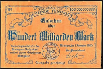 Banknoten

Deutsches Notgeld und KGL

Teningen (Baden)

Gemeinde, 100 Mrd. Mark Aluminiumfolie goldfarben 1.11.1923. Einseitig nur Vs., Textdruc...